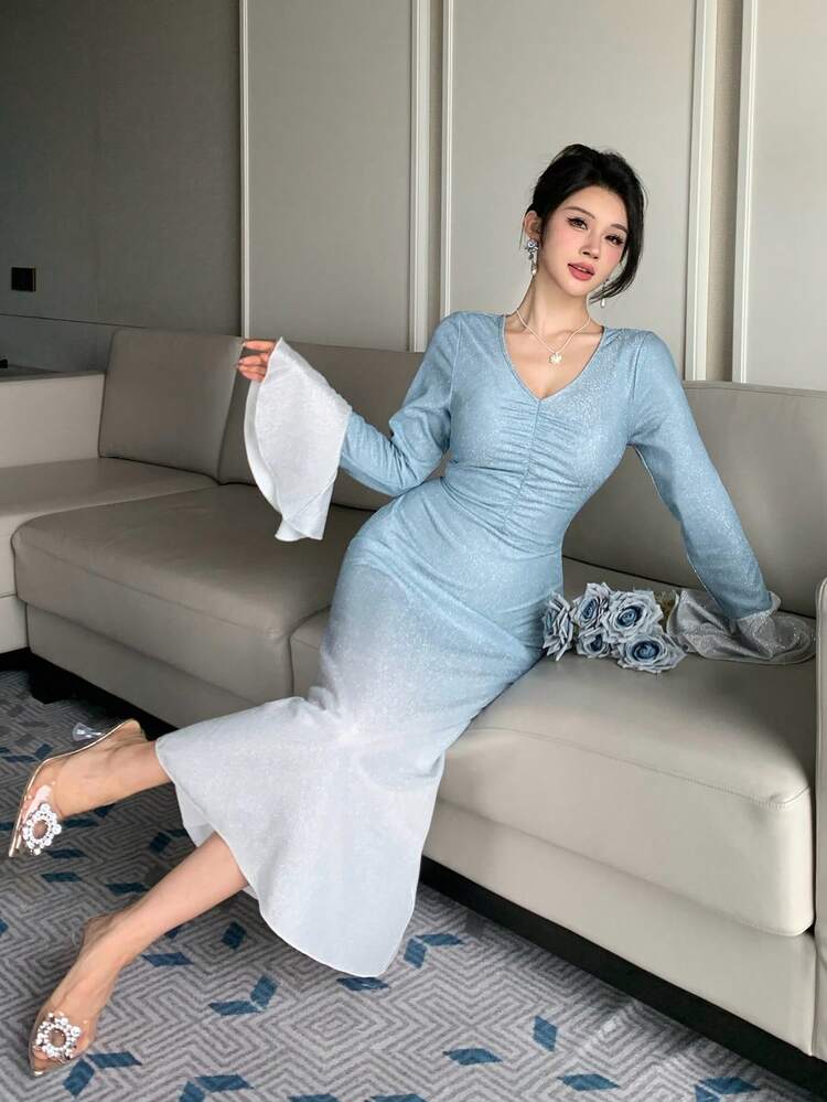 Women's Elegant Ombre Shiny V-Neck Flare Sleeve Fish Tail Split Midi Dress, Spring/Summer Sun Dresses For Women