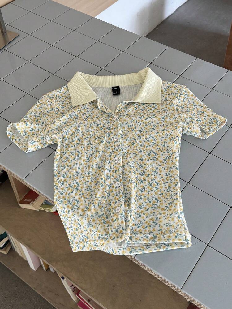 Women's Floral Print Single-Breasted Casual Versatile Daily Wear Short Sleeve T-Shirt Summer