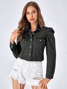 EMERY ROSE Plus Size Casual Washed Puff Sleeve Denim Blouse - Black - View 4