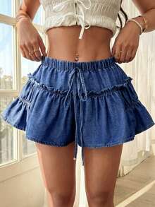 Breezaya 女士休闲水洗牛仔短裤，荷叶边下摆，夏季 - 藍色 - 查看 3