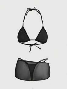 ROMWE Grunge Punk 3件套哥特朋克Y2K音乐节高弹网纱心形金属扣文胸、丁字裤和迷你裙性感内衣套装 - 黑色 - 查看 2