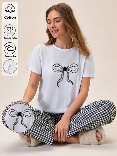 Loomlin 3D Fuzzy Bow Embroidery Tee & Gingham Plaid Elastic Waist Wide Leg Pants Pajama Set For Women Summer Loungewear