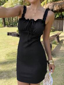 SHEIN VCAY Frill Trim Knot Front Cami Bodycon Dress - Black - View 4