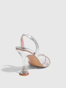 CUCCOO SZL Women's Summer Rhinestone Ankle Strap Criss-Cross Pointed Toe Flared Heel Rhinestone Heel High Heel Sexy Chic White PU Splice Transparent PVC Lady High Heel Sandals For Nightclub, Date, Music Festival, Fashion Party - Silver - View 4