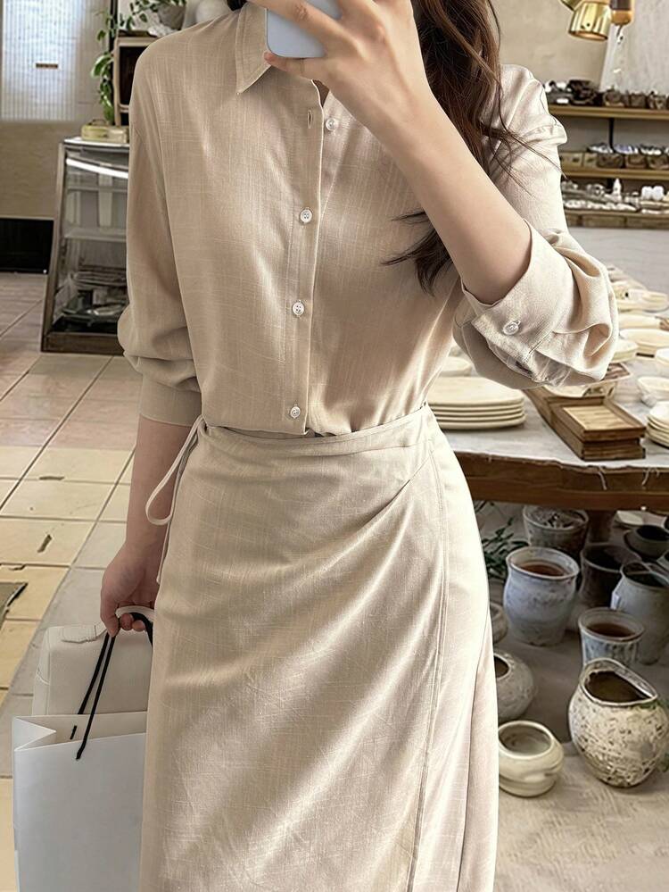 Women's Solid Color Long Sleeve Single-Breasted Elegant Shirt Dress Sundress