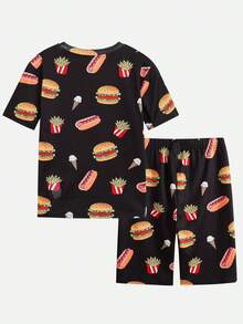 SHEIN 2 piezas Conjunto de pijama de niño preadolescente ajustado con estampado de hamburguesa y papas fritas, de cuello redondo y manga corta, camiseta y pantalones cortos suaves y cómodos, adecuado para primavera/verano, hogar, fiesta - Negro - Ver 3