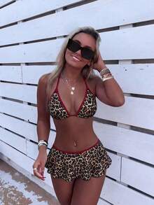 Swim Mod 2026春夏春假女士沙滩装两件套，吊带豹纹上衣搭配荷叶边撞色比基尼泳裤，沙滩度假比基尼套装 - 彩色 - 查看 1