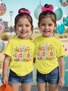 SHEIN Maglietta basic a maniche corte con stampa grafica di conigli, pois, fiori, cuori, uova e plaid, in stile casual e creativo, adatta per bambine, in atmosfera pasquale, comoda e alla moda per la primavera e l'estate - Giallo - Visualizzare 3