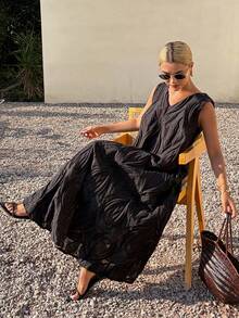 Livesso Women's V-Neck Casual Loose Straight Lace Chiffon Beach Dress, Elegant For Commuting, Spring & Summer - Black - View 2