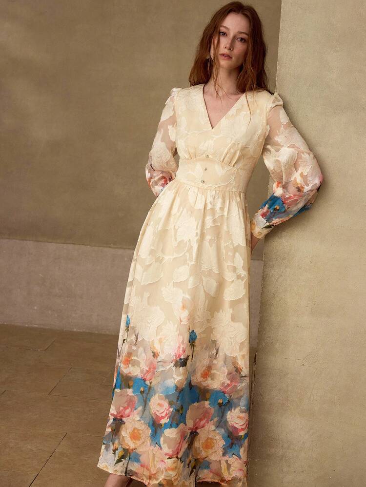 WOMEN'S DIGITAL PRINT OMBRE FLORAL V-NECK CINCHED WAIST LONG DRESS, SUMMER