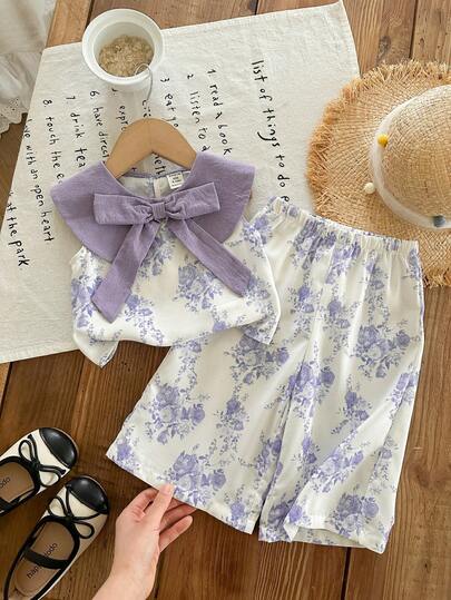 女宝宝可爱度假休闲紫色花卉图案蝴蝶结装饰吊带背心和松紧腰裤套装