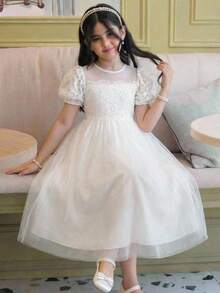 SHEIN Tween Girl Elegant Round Neck Petal Sleeve Lace Contrast Mesh Dress - White - View 1