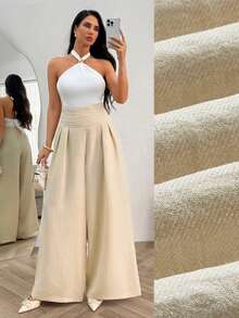 SHEIN Paper Belt High Waist Wide Leg Trousers Fake Linen - Beige - View 1