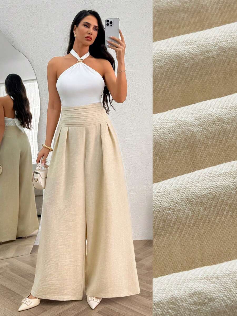 SHEIN Paper Belt High Waist Wide Leg Trousers Fake Linen - Beige - View 1