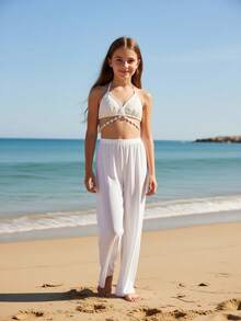 Tween Girl Textured Fabric Swimsuit Set With Cover Up Pants - White - View 1