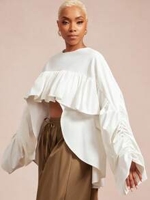 Vixey 纯色梭织褶皱高低摆荷叶边上衣 - 白色 - 查看 4