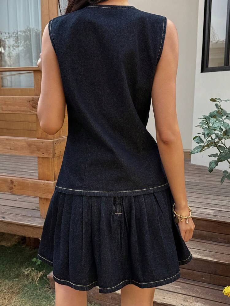 Sleeveless Top And Casual Denim Skirt 2-Piece Suit For Women, Vacation