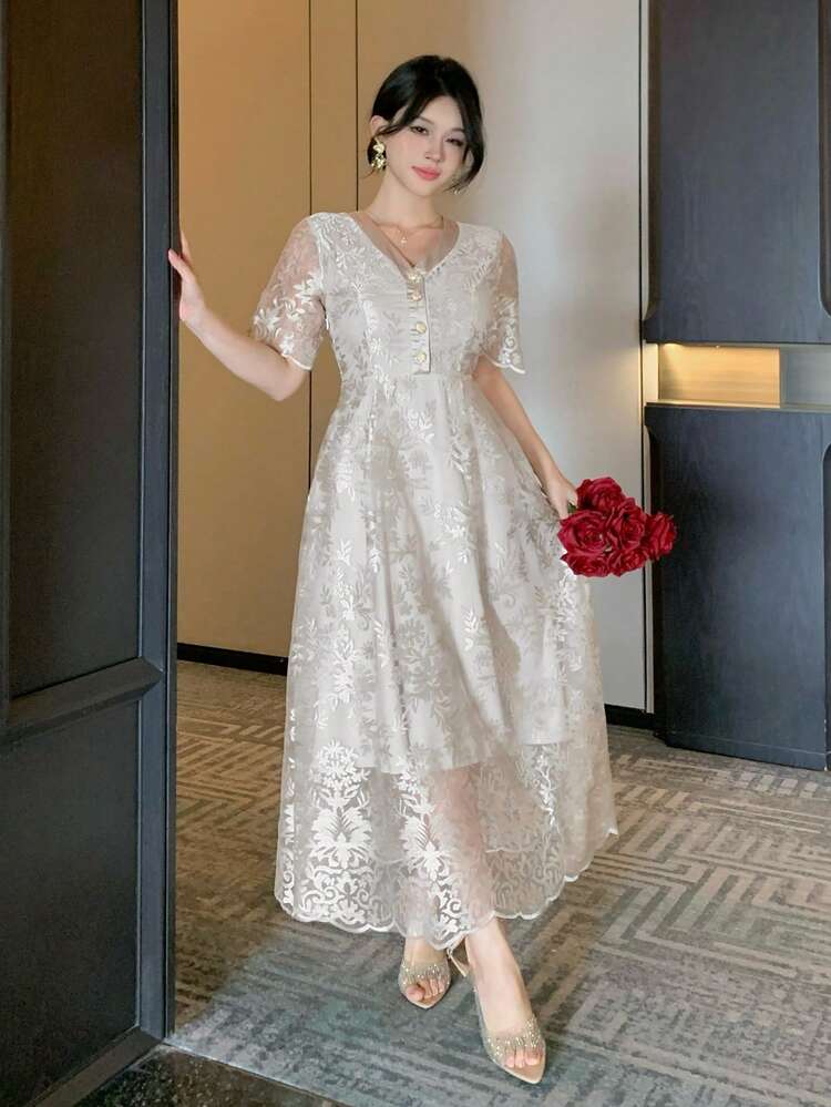 Luxury Long Dress With Embroidered Mesh Fabric, Elegant Fitted High Waist Dress,Wedding Guest Dress Women Sundress