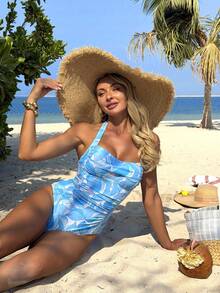Swim Lushoire White And Blue Floral Summer Boho Pool Party Holiday One-Piece Swimsuit For Women, Elegant Front Crossover Ruched Beach Vacation Ocean Blue - Multicolor - View 9