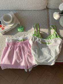 Comfortcana 女士夏季休闲格子拼接吊带背心和条纹蕾丝边短裤两件套 - 彩色 - 查看 6