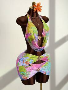 Swim Vcay Costume da bagno a 3 pezzi da donna con scollo a V, decorazione floreale in metallo e schiena scoperta, sexy, adatto per vacanze al mare, feste in spiaggia, abiti da spiaggia, abiti da barca, abiti da resort, abiti da vacanza estiva, abiti da spiaggia - Multicolore - Visualizzare 5