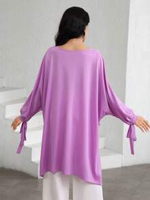 Graceveil Solid Color Round Neck Bowknot Cuff Asymmetric Hem Loose Casual Soft T-Shirt For Women - Purple - View 5