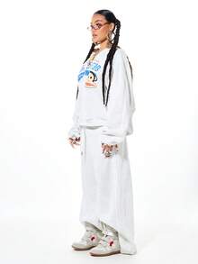 SUMWON X PAUL FRANK SUMWON WOMEN 女士宽松慢跑运动裤，猴子图案印花，宽松阔腿，休闲居家裤，秋冬舒适裤装 - 灰色 - 查看 5