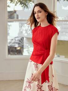 MOTF PREMIUM WOMEN'S TEXTURED KNIT TIE-FRONT T-SHIRT, SPRING/SUMMER - Red - View 6