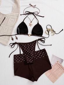 Swim Mod 女士夏季沙滩波点吊带系带性感比基尼泳装套装（含短裤） - 棕色 - 查看 2