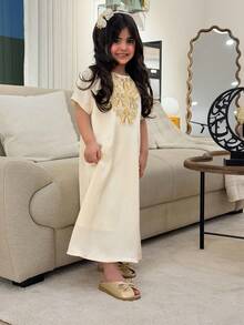 Dazy Kids Girls (Small) Round Neck Short Sleeve Dress, Fall Clothes - Beige - View 2