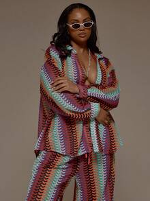 MUSERA Plus Size Crochet Knit Style Button Down Shirt Only Vacation Holiday Cute Holiday Romantic Cute Summer Sexy Beach Curve, - Hot Pink - View 5