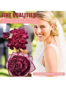SHEIN Artificial Silk Like Fake Petals, Pre Made Ribbon Rose Petals Semi-Finished Product, Suitable For Making DIY Bouquets Of Eternal Roses, - Burgundy - View 8