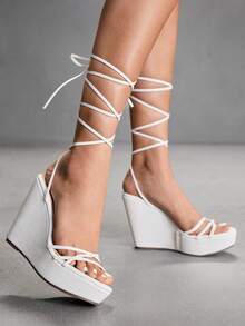 CUCCOO SZL Women's Criss-Cross Design Thick Bottom Wedge Sandals - White - View 4