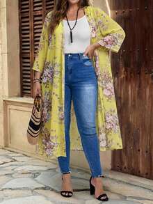 EMERY ROSE Chaqueta casual de vacaciones con estampado floral para tallas grandes - Amarillo - Ver 3