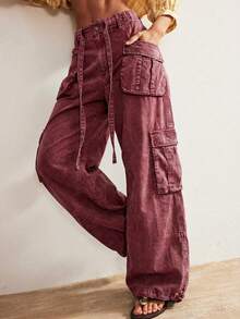 Bohemela 女士休闲纯色梭织宽松抽绳腰低腰阔腿裤 - 酒紅色 - 查看 9