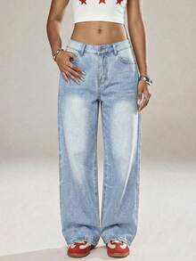 SHEIN ICON Women's Casual Washed Low-Waist Straight Leg Jeans - Light Wash - View 5