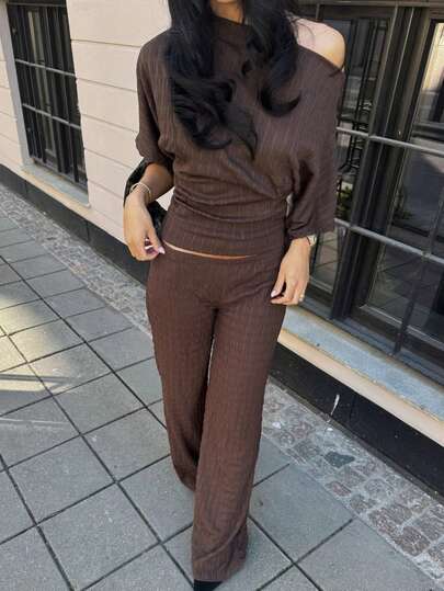 Siren Gaze Brunt Asymmetriskt Axelformat Casual Kortärmat Sommarset För Dam