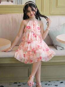 Tween Girl Loose Elegant Halter Neck Sleeveless Ruffle Floral Print Chiffon Midi Dress Elegant  Wedding Outfits - Pink - View 4