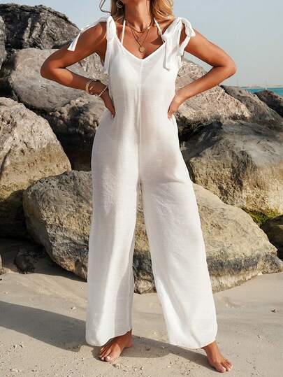 Swim Vcay 跨境春夏新品：白色编织露背带优雅度假风女士泳衣连体裤