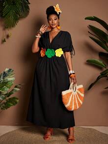 Maweii Simple Solid Color V-Neck Cute Short Sleeve Princess Style Dress - Black - View 5