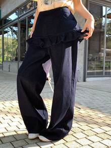 DAZY 女士休闲喇叭牛仔裤，带口袋和荷叶边裤脚，适合日常穿着 - 藍色 - 查看 5