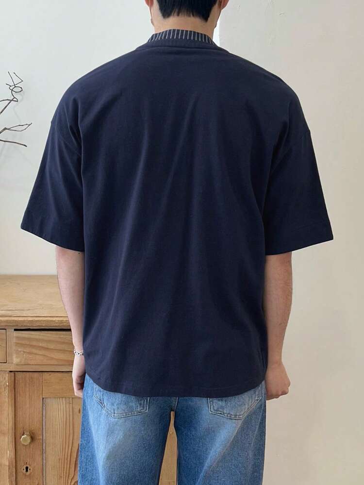 Navy Blue V-Neck Men's T-Shirt With Collar And Cuff Contrast Design, Summer