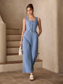 Selenza Women's Casual Everyday Wear & Date Outfit Denim Jumpsuit With Pockets - Blue - View 4