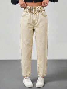 SHEIN Tall 女士休闲修身锥形阔腰牛仔裤蓝色高个女式牛仔裤女士裤子冬季女式裤子牛仔装 - 卡其色 - 查看 5