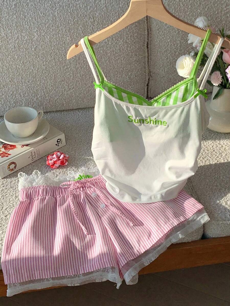 Comfortcana 女士夏季休闲格子拼接吊带背心和条纹蕾丝边短裤两件套 - 彩色 - 查看 1