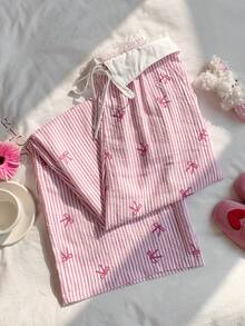 Comfortcana Women's Bow Tie Waist Tie Wide Leg Pants Valentine's Day Summer For Women Spring Spring Break Spring Women Vacation Graduation Women Wedding Party Ceremony Elegant Vacation Casual Casual Women's Casual Women's Waist Lace Bow Tie Decoration Pink Pants Pink Bow Stripe Graphic Pants Y2K 2000s Style Cute Pants, Valentine's Day, Carnival, Beach, Holiday, Home Leisure, Street, College - Pink - View 3
