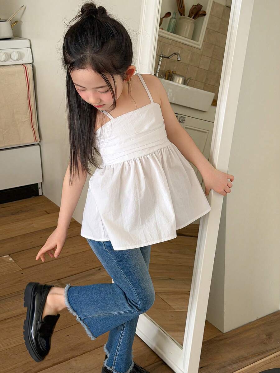 DAZY Áo camisole xếp ly đơn giản, thoải mái, đa năng dành cho bé gái, thích hợp mặc hàng ngày. - trắng - Xem 1