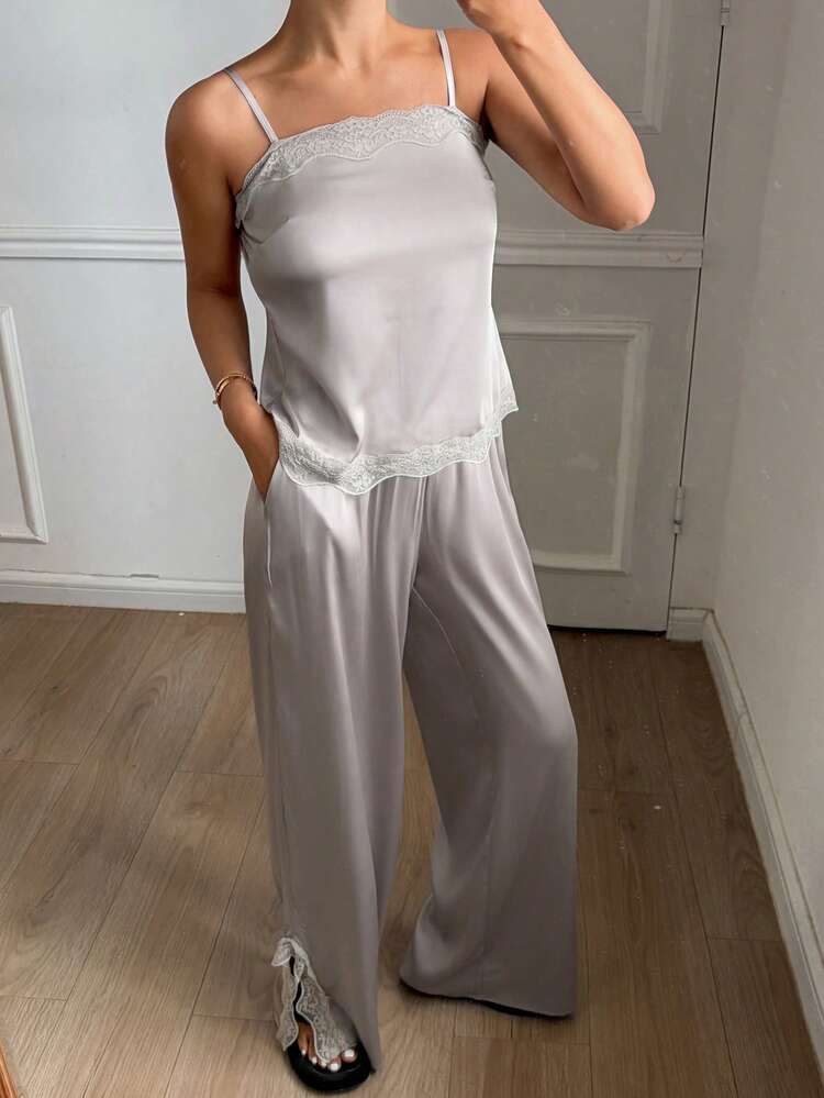 Elegant Satin & Lace Patchwork Women Pajama Set, Summer