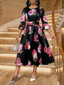 SHEIN Lady 女士优雅浪漫黑色碎花连衣裙，喇叭袖 - 黑色 - 查看 7