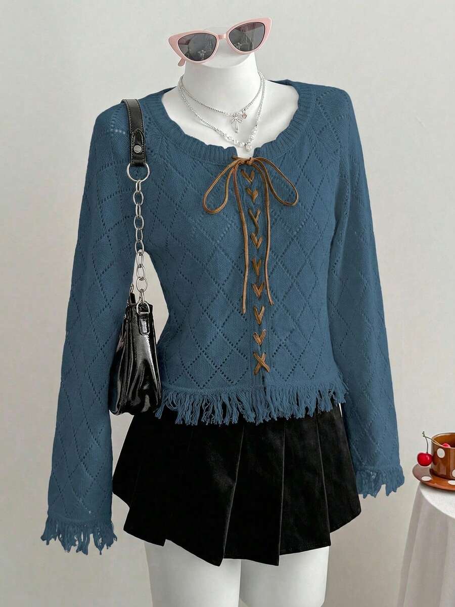 Franclia Áo len chui đầu phối màu thời trang lấy cảm hứng từ các blogger, kiểu dáng ren hoa khoét lỗ, hàng mới về từ châu Âu và Mỹ. - Màu xanh lam - Xem 1